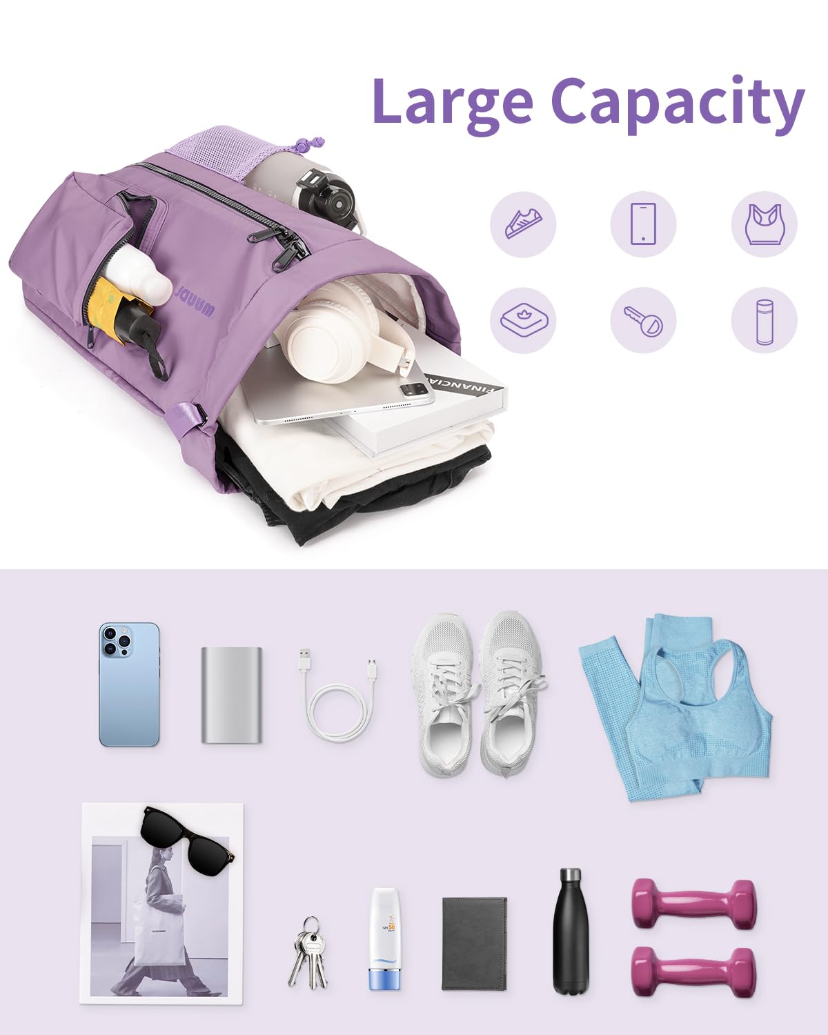 WANDF Drawstring Backpack with Shoe Compartment, Sports Gym Bag