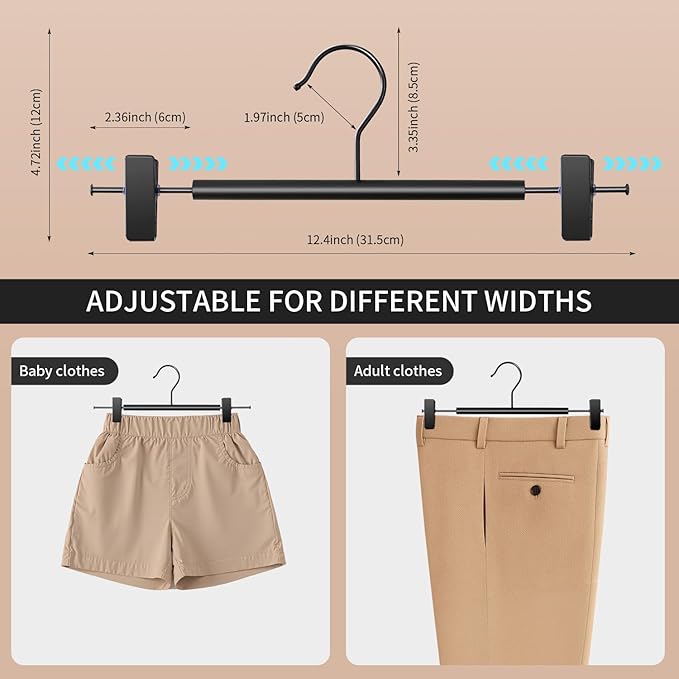 Wooden Pants Hangers with Clips 20 Pack Adjustable Wood Skirt Hangers for Women&Men Space Saving Closet Non Slip Clothes Hanger for Jeans,Trousers,Short,12Inch Black