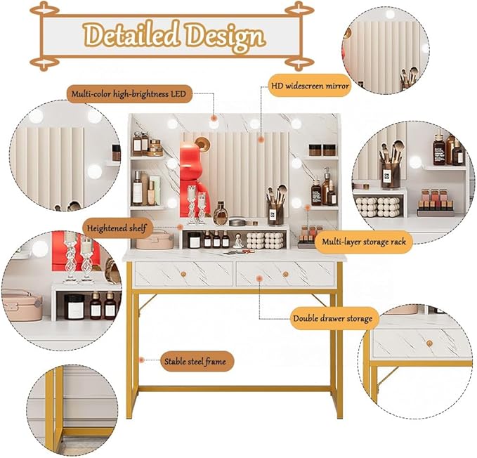 Vanity Desk with Mirror and Lights,Large Desktop Makeup Vanity Desk with 3 Color Modes Adjustable Bulb,2 Large Drawers for Bedroom/Hair Salon/Beauty Shop and Other Scenes White