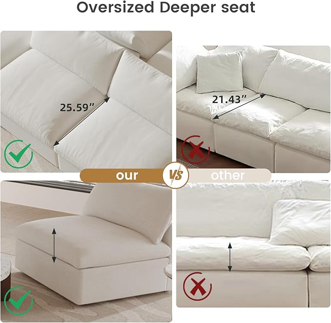 WJShome Cloud Couch Modular Sectional for Living Room, Down Filled 160" U Shaped Couch with Ottoman,Modern 6 Seater Convertible Couches, Sofa Covers Washable&Replaceable,White