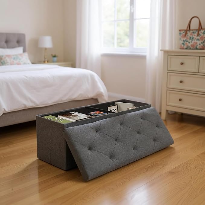 43 Inches Folding Storage Ottoman Bench, Ottoman Foot Rest, Storage Chest, End of Bed Foot Rest Stool with Padded Seat for Living Room, Bedroom, Entryway, Support 660lbs, Linen, Grey