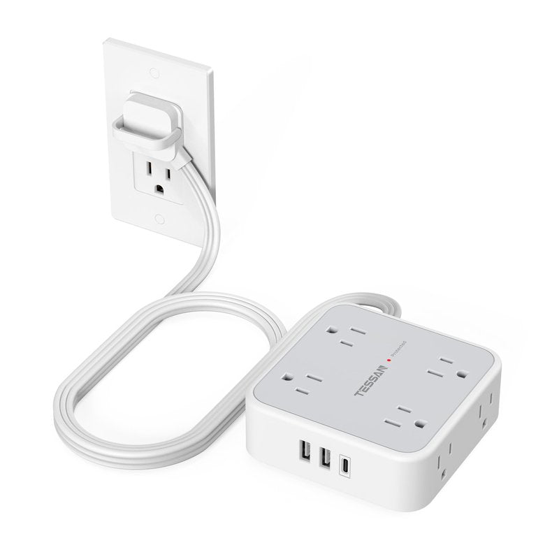 TESSAN Surge Protector Power Strip, 5 Ft Flat Plug Extension Cord with 3 USB (1 USB C) 8 Outlets, 1250W, 900J Protection, 3 Sided Outlet Extender with Ring Plug for Office, Dorm Room, Grey