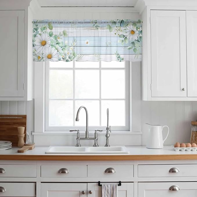 Daisy Eucalyptus Leaves Sheer Valance Curtains