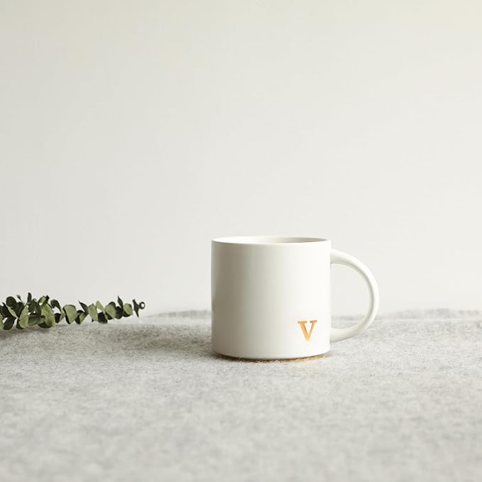 COLLECTIVE HOME - Monogram Ceramic Mugs, 15 oz Golden Initial Coffee Cups, Elegant Alphabet Tea Mugs, Elegant Personalized Mug with Gift Box, Luxurious Cups for Office and Home (v)