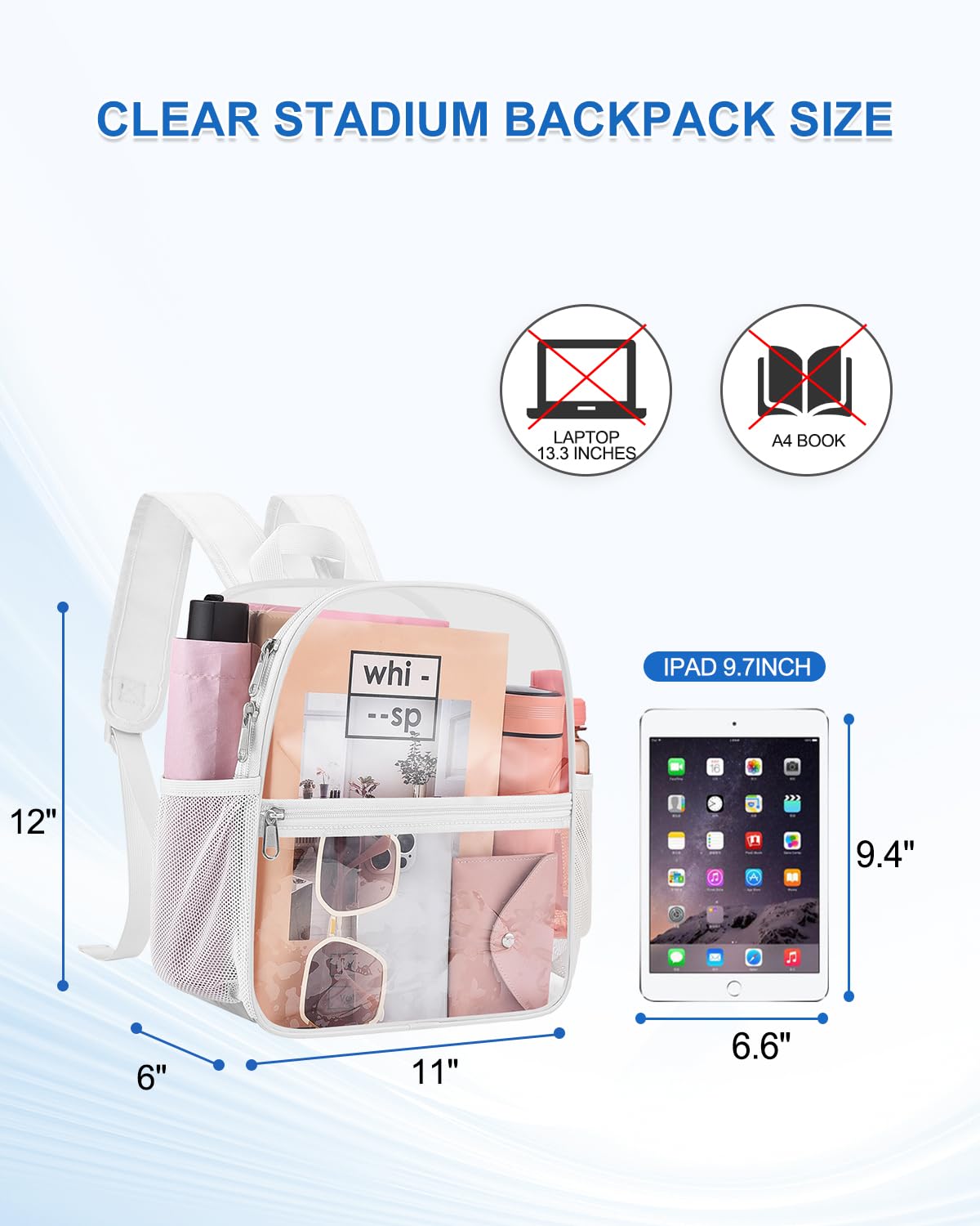 UEASE Clear Backpack for Stadium Events, 12x12x6 Small Clear Plastic bag with Reinforced Straps for Game Security Festival Concert