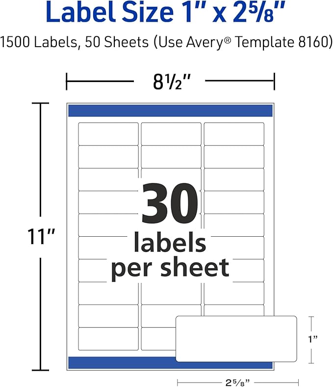 Avery Easy Peel Printable Address Labels with Sure Feed, 1" x 2-5/8" Customizable Stickers, White, 1,500 Blank Mailing Labels, Great for Mailing, Shipping, and More (08160) (Pack of 10)