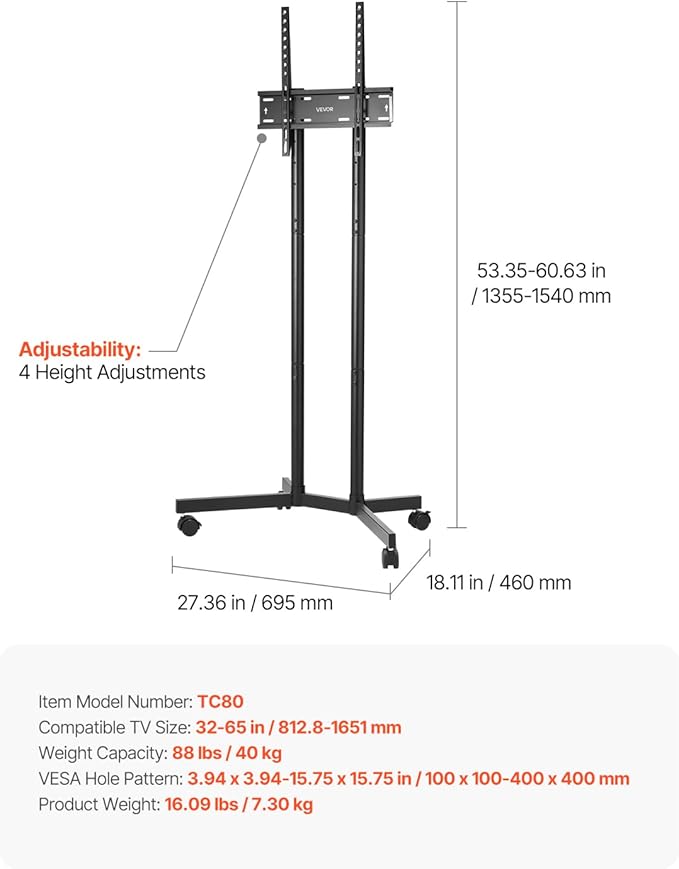 VEVOR Rolling TV Stand, Mobile TV Cart for 32-65 Inch Screens, Height Adjustable, Portable Monitor Stand with Wheels Holds up to 88 lbs for Living Room, Bedroom, Office, Outdoor, Max VESA 400x400mm
