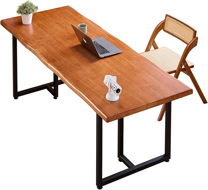 Solid Wood Administrative Desk, Dining Table with Durable Metal Legs, Uniquely Designed Leisure Table, Perfect for Restaurants and Home Offices, (Wood Brown, 55.12in)