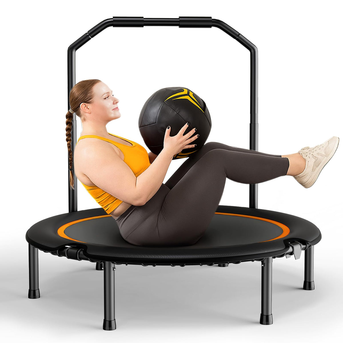 Zupapa 48in Foldable Rebounder, 550LBS Fitness Trampoline with Durable Bungees, Adjustable Handle, Stable & Quiet Exercise Rebounder for Adults, Great Exercise Trampoline for Home/Gym Workout
