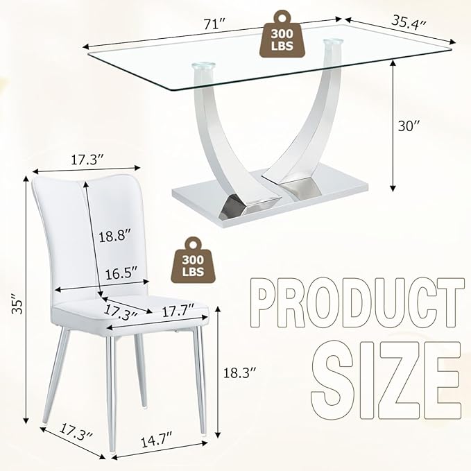71'' Glass Dining Room Table Set for 6, Kitchen Table Set with 6 PU Leather Chairs, Tempered Glass Dining Table Set with Silver U-Shaped Table Legs and Rectangular Base