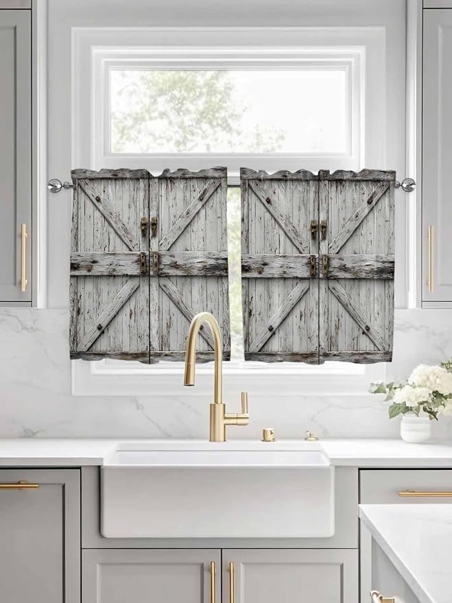 Vintage Gate Half Window Curtains 24 Inches Long, Farmhouse Wooden Grain Shabby