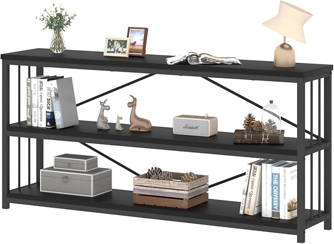 IBF 63" Black Low Horizontal Bookcase, Modern Long Wood Metal 3 Tier Book Shelf, Farmhouse Vintage Big Open Sturdy Bookshelf, Simple Large Wide Etagere for Home Living Room Office Bedroom, Black Oak