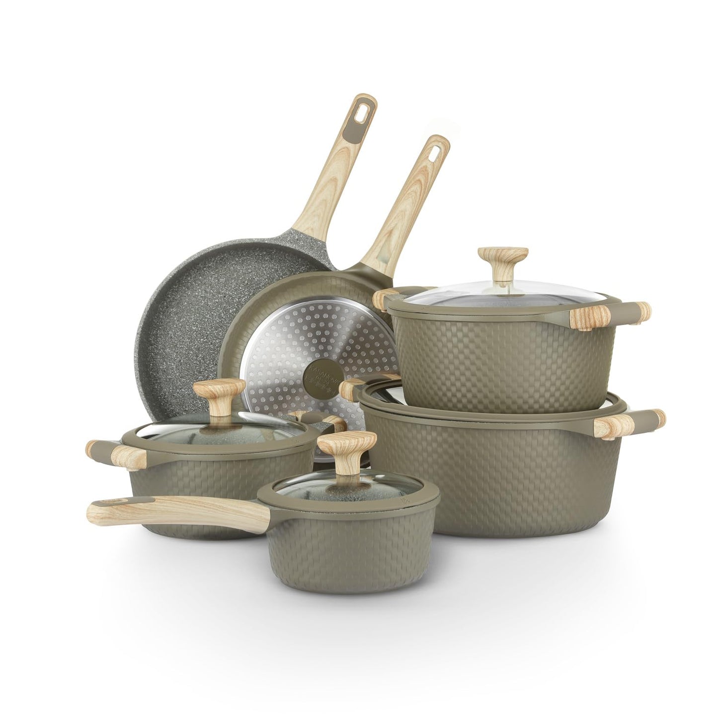 KASANOVA 10Pcs Cookware set, Die-cast Aluminum pots and pans, Nonstick frying pans and casseroles, Induction safe, PFOA-free (Green, 10 pcs)