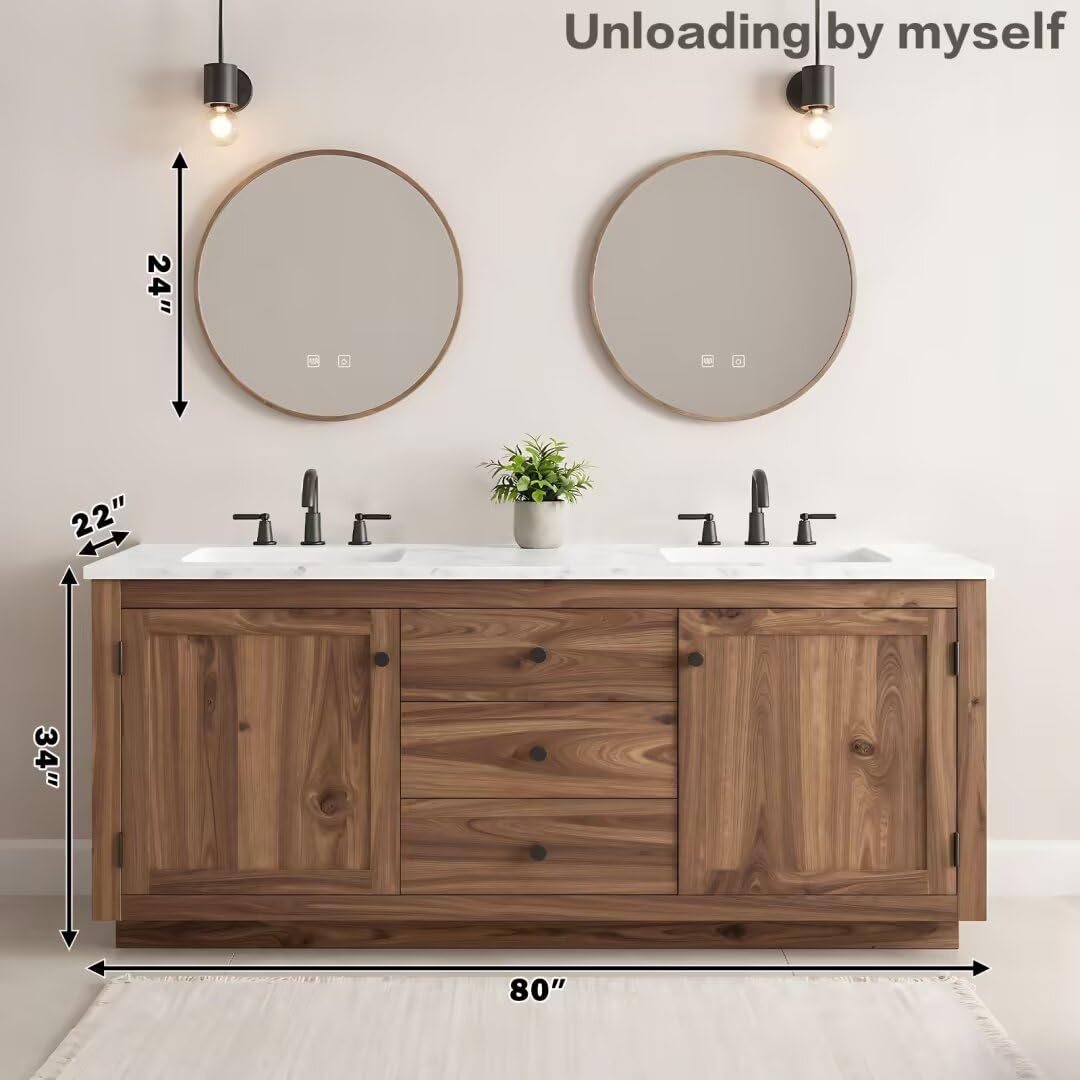 High QLO 80IN Bathroom Vanity - Modern Bathroom Vanity with Double Sink Includes Wood Grain Cabinet & Textured Countertop | American Retro Style,Round Smart Defogging Mirror