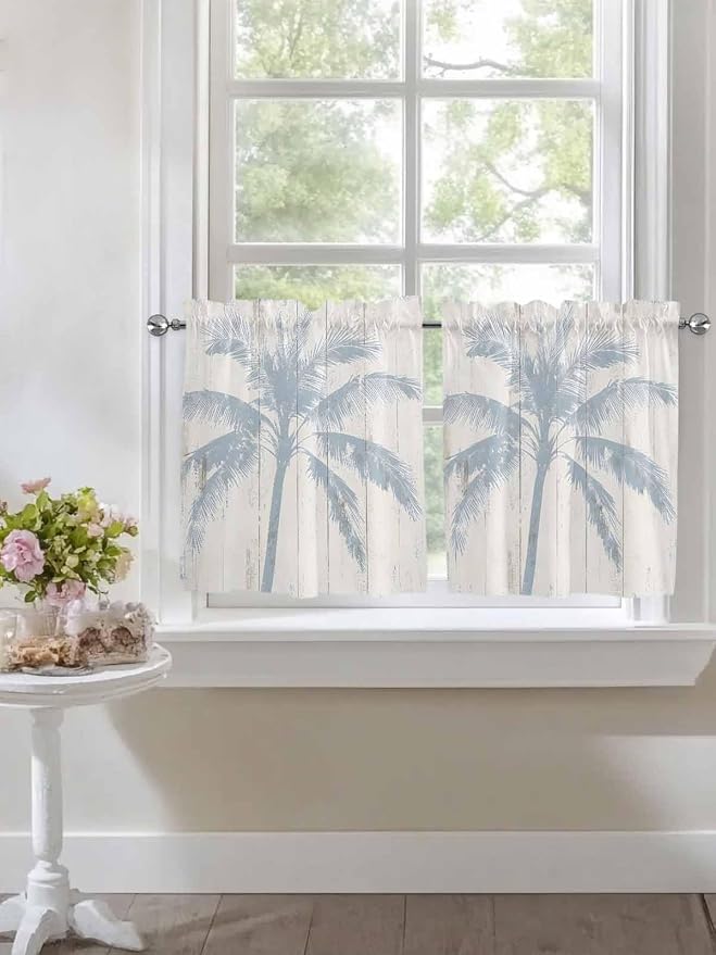 Summer Coconut Tree on Vintage Wood Grain Window Valance Curtains, Seaside