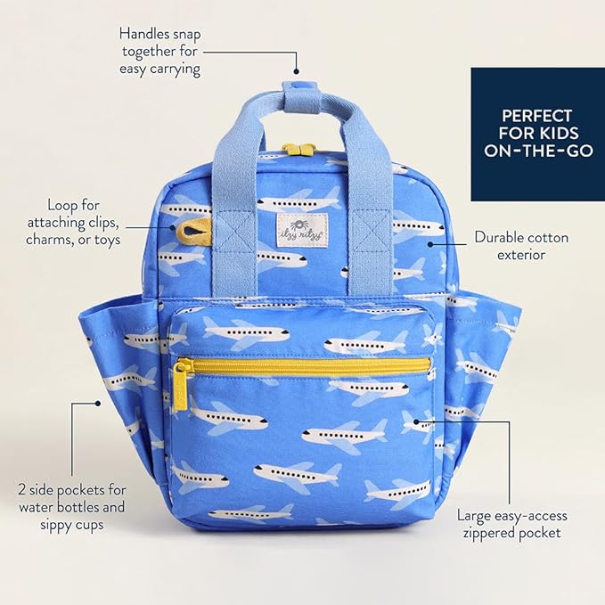 Itzy Ritzy Toddler Backpack - Daycare Bag - Features Adjustable Shoulder Straps, 2 Side Pockets & Spacious Interior with Wipeable Fabric Lining & Name Label, Airplane