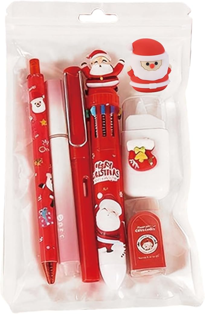 7 Pcs Cute Xmas Stationery Set Kawaii Christmas School Supplies Office Supplies Including Ballpoint Pens Pencil Sharpener Highlighter Correction Tape Eraser (X-mas(Red))