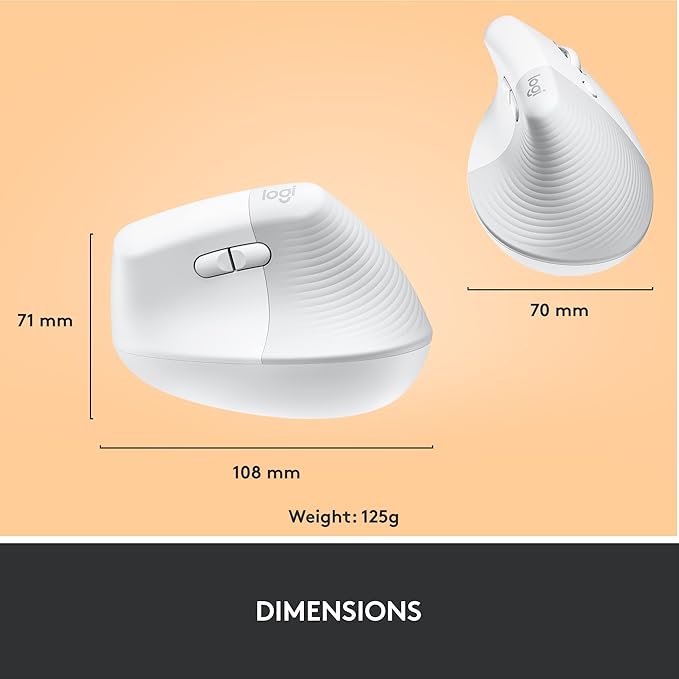 Logitech Lift Vertical Ergonomic Mouse, Wireless, Bluetooth or Logi Bolt USB Receiver, Quiet clicks, 4 Buttons, Compatible with Windows/macOS/iPadOS, Laptop, PC - Off White