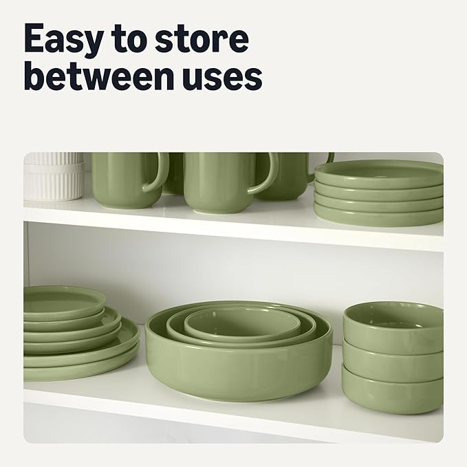 Amazon Basics Glazed Stoneware Bowls, Ceramic 4-Piece Set, Dishwasher-Safe, 5.5 in., Olive