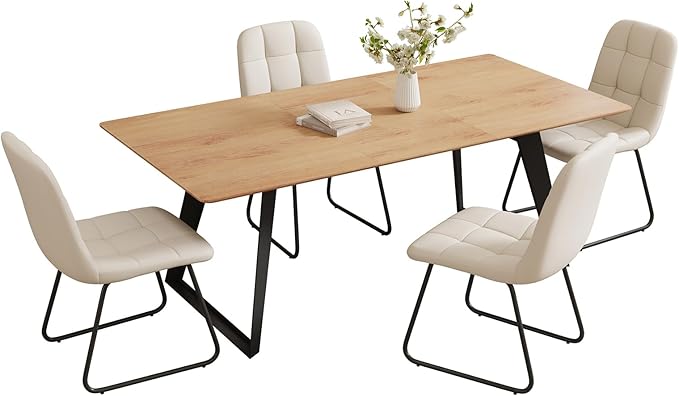 ZckyCine 63"-79" Expandable Dining Table Set for 6, Wood Table & 6 White Chairs, Extendable Kitchen Dining Table Set for Kitchen & Dining Room, Modern Oak & White