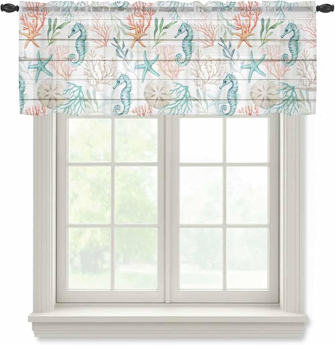 Teal Seahorse Starfish Sheer Valance Curtains, Summer Beach Coral Shell Board