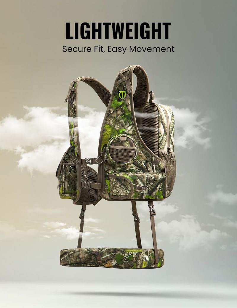 TIDEWE Vest with Seat, Lightweight Vest with Multi-Compartment Storage, Form-fitting Portable Backpack with 11 Adjustable Straps (Truetimber HTC Green)
