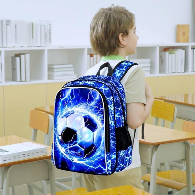 KLFVB 3PCS Kids Backpack, 17" Boys Football Bookbag and Lunch Box, Water Resistant Teenagers School Backpacks for Middle Elementary - Lightning Soccer