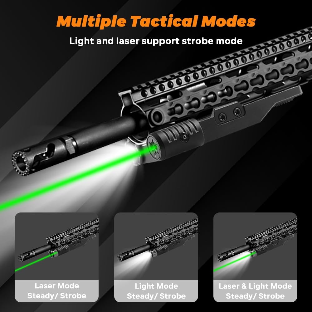 BeanPro Tactical Flashlights Green Laser Light and White LED Combo with Strobe Mode, 1600 Lumen Rechargeable Picatinny Rail Rifle Weapon Light