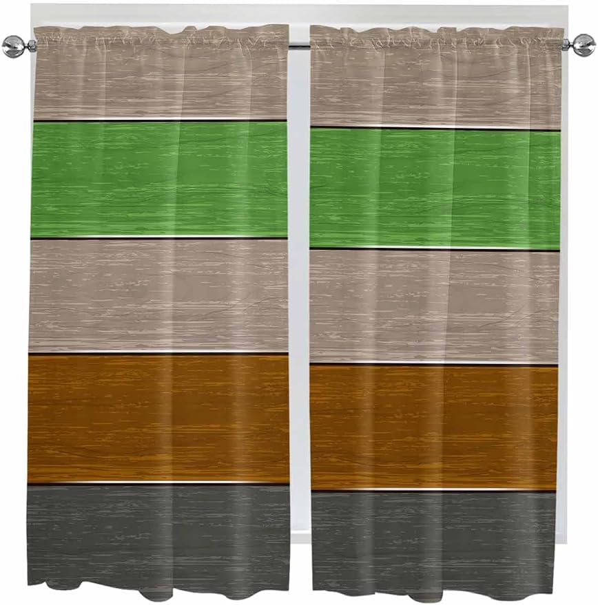 Farm Gray Green Brown Wood Grain Window Valance Curtains, Rustic Wooden Plank