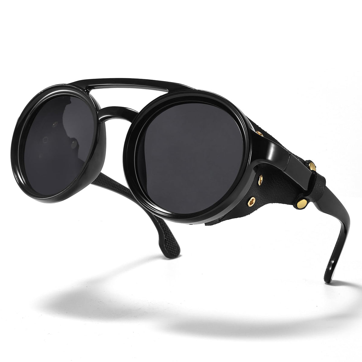 MUDIWRLO Polarized Round Steampunk Sunglasses with Leather Side Double Bridge Shield Retro Eyewear for Men Women(Black)