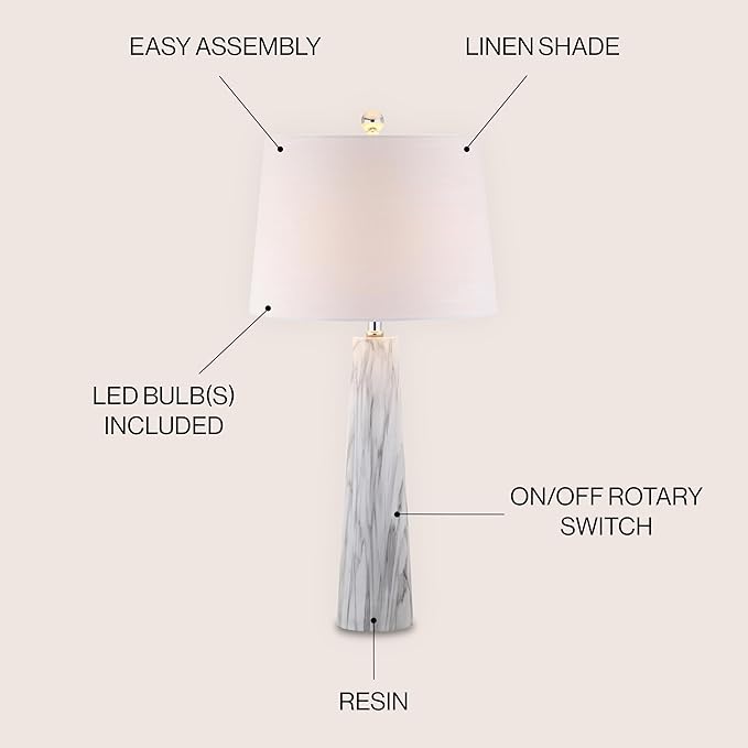 JONATHAN Y 29" White/Black Faux Marble Resin Table Lamp, Modern Glam Bedside Nightstand Lamp for Living Room, White Linen Drum Shade, UL Listed, LED Bulb Included JYL1002A