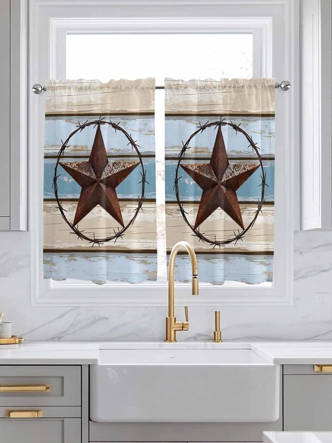 Vintage Western Star on Wood Grain Window Valance Curtains, Retro Wooden