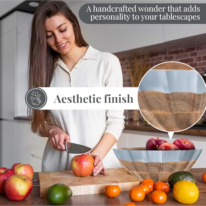 Folkulture Natural Wave Salad Bowl | 11” Large Mango Wood Serving Bowl with Dual Ribbed Design | Wooden Bowl for Salad, Fruit & Pasta | Kitchen Island & Dining Table Décor