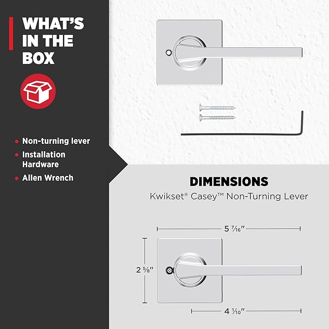Kwikset Casey Dummy Door Handle, Single Sided Lever for Closets, French Double Doors, and Pantry, Polished Chrome Non-Turning Reversible Interior Push/Pull Lever (Pack of 4)