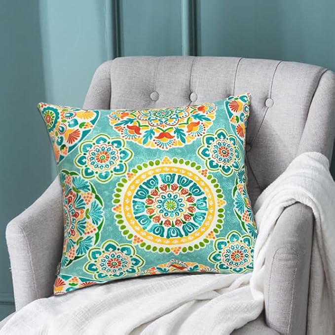 FUNHOME Outdoor Indoor Throw Pillows 18”x18”, Set of 2 Decorative Throw Pillows with Inserts, All Weather Water-Repellent Square Pillows for Bed, Couch, Sofa and Patio Furniture -Cyan Circle