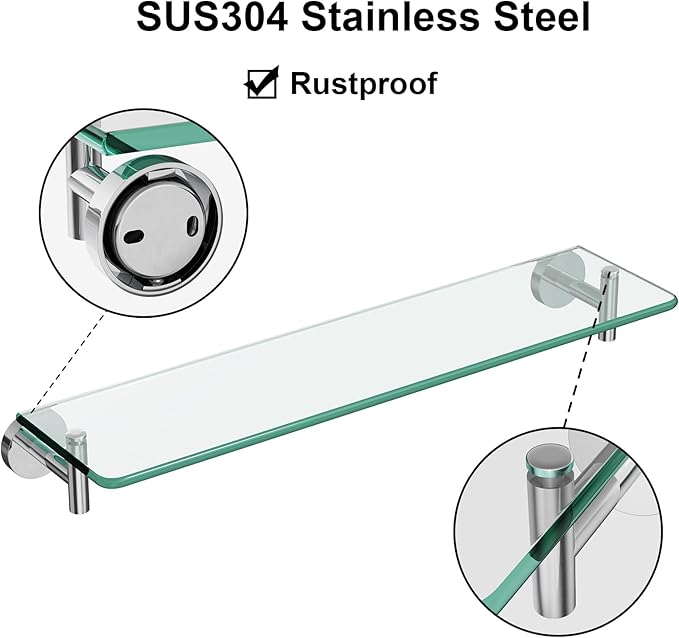 Glass Shelves for Bathroom,20-Inch Chrome Polished Floating Bathroom Shelf Stainless Steel Tempered Glass Shelf Modern Shelves Wall Mounted