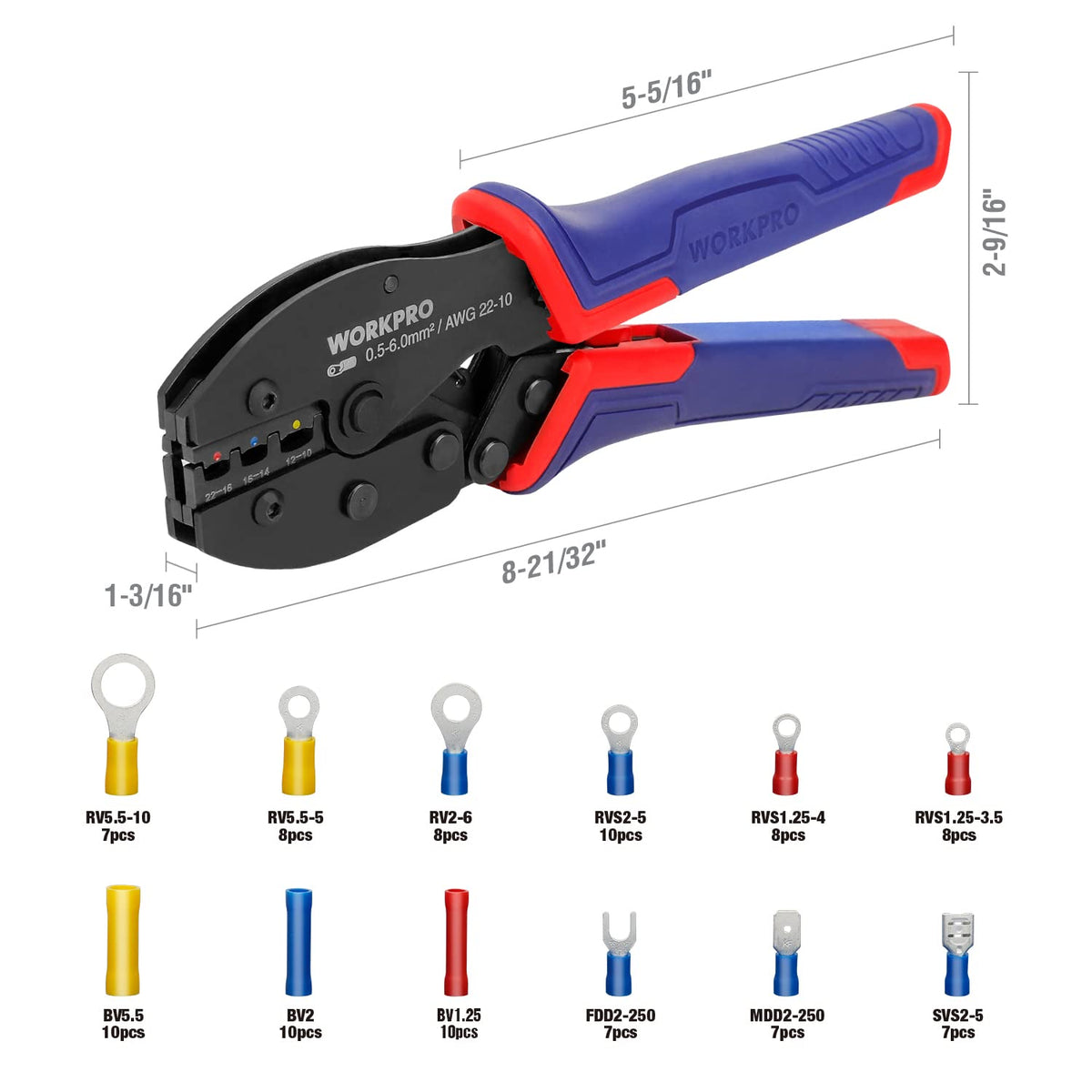 WORKPRO Wire Crimping Tool Kit, Ratcheting Insulated Terminal Crimper for 22 to 10 AWG Wire, Crimping Pliers with 100 Pieces Terminal Connectors