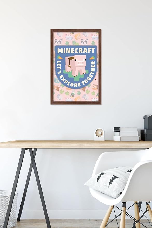 Trends International Minecraft - Let's Explore Together Wall Poster, 22.4L x 14.7W, Mahogany Framed Version