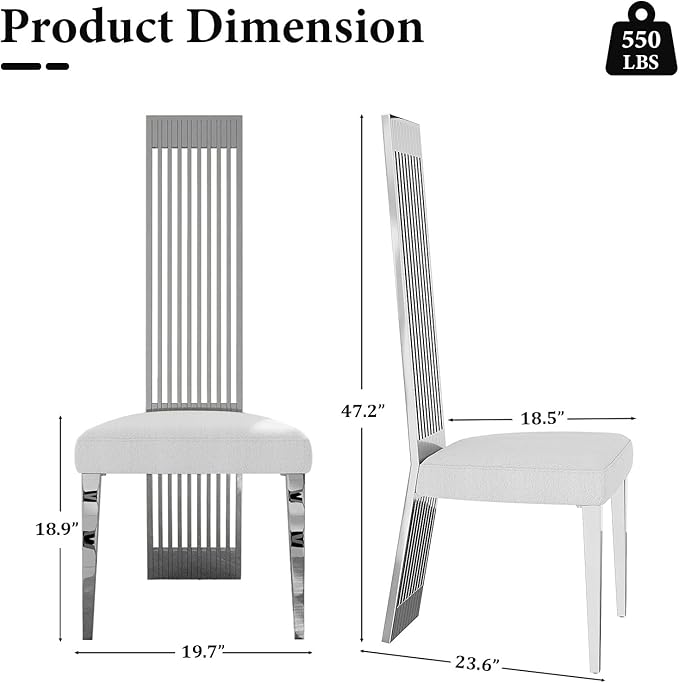 Dining Chairs Set of 12, Boucle Upholstered Modern Dining Chair, Elegant White and Silver Dining Room Chair with Polished Silver Stainless Steel Legs and Backrest for Kitchen Restaurant