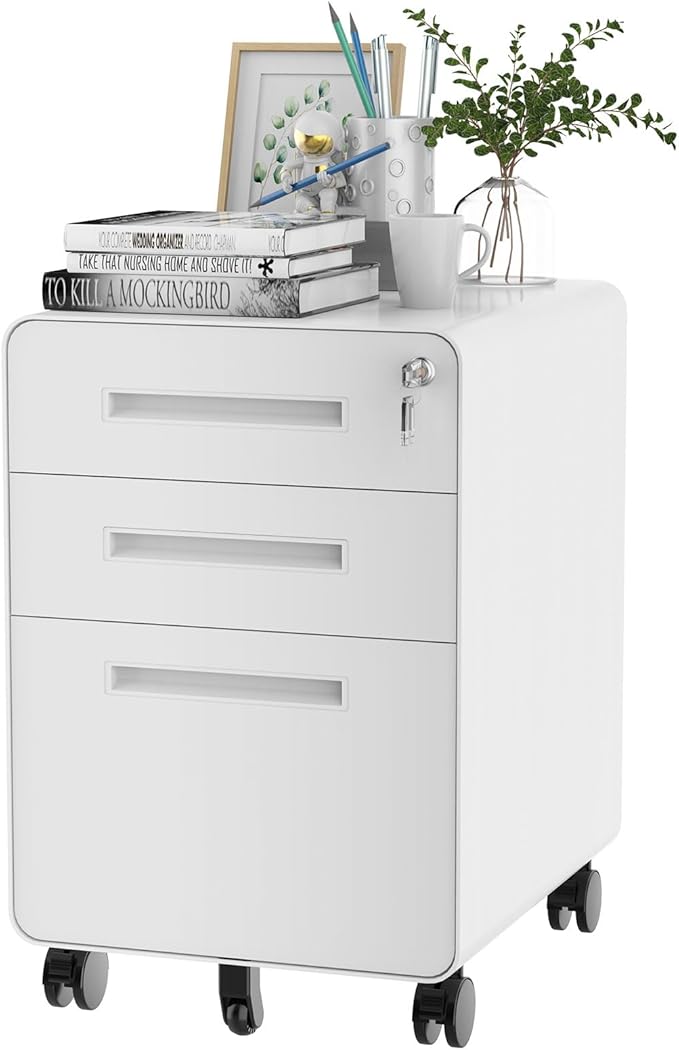 FLEXISPOT Mobile File Cabinet for Home Office 3 Drawer File Cabinet Under Desk Storage Filing Cabinet for Legal/Letter/A4 File,Round Corner Design,White