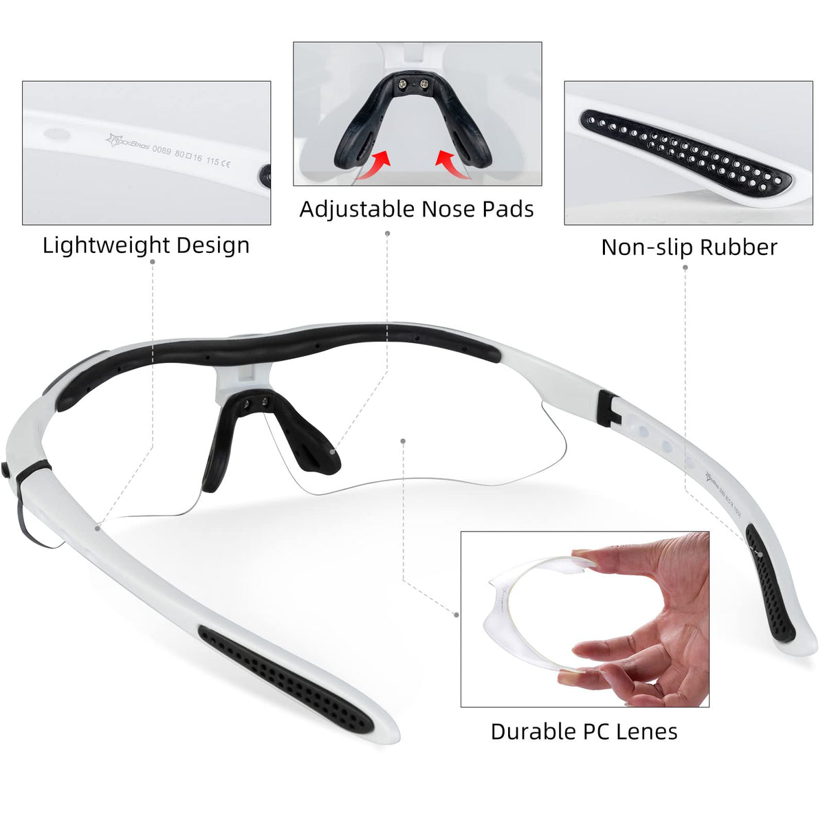 ROCKBROS Pickleball Glasses for Men Women Photochromic Sports Sunglasses UV400 Protection Interchangeable Strap