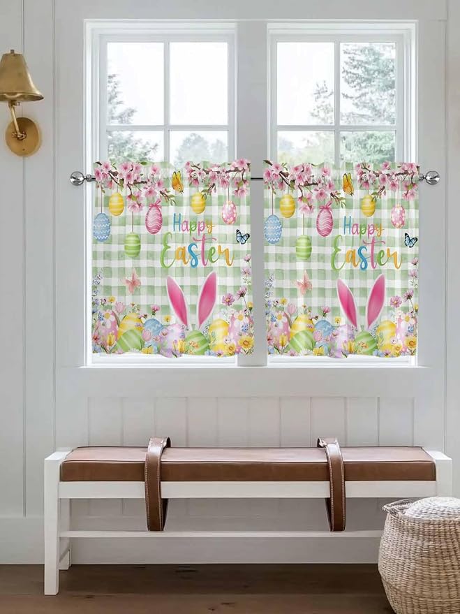 Happy Easter Half Window Curtains 24 Inches Long, Spring Bunny Eggs Flower Sage