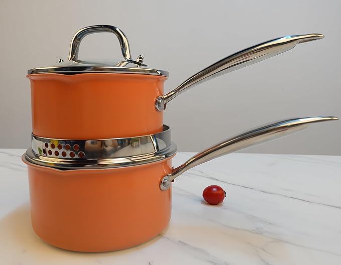 Fracoda 3.0 Quart Stainless Steel Pot Saucepan with Glass Strainer Lid, Sauce Pot with Two Side Spouts, Induction Cooking Pot, Multipurpose Sauce Pan with Lid for Cooking