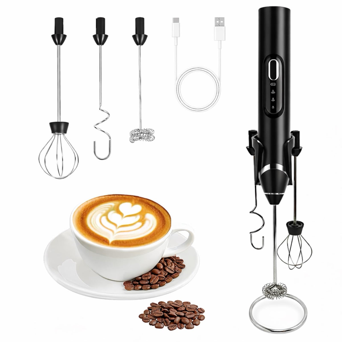 Rechargeable Milk Frother with Stand,Coffee Frother,Drink Mixer (Black)