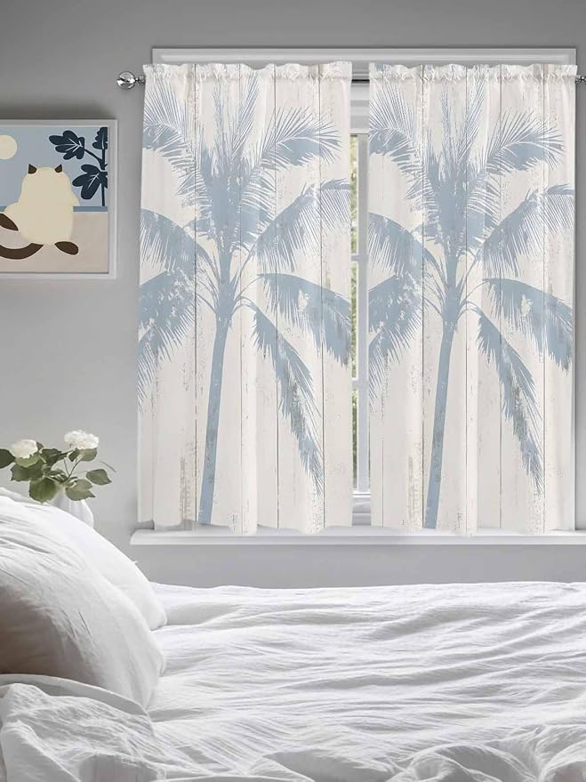 Summer Coconut Tree on Vintage Wood Grain Window Valance Curtains, Seaside