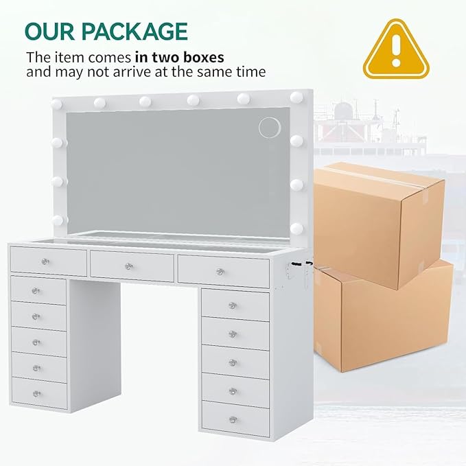 Makeup Vanity with Charging Station, 13 Drawers Vanity Desk with 12 LED Bulbs and HD Mirror, 3 Color Brightness Adjustable, Glass Top, Vanity Set for Bedroom (White)