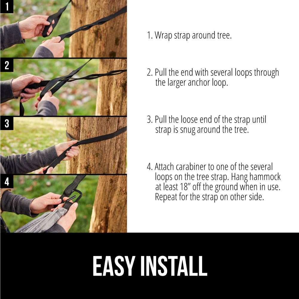 GORILLA GRIP Durable Camping Hammock with Heavy Duty Tree Straps, Portable Hammocks for Outside, Easy to Use Travel Swing Chair, Outdoor Camper Hiker Essentials, Backpacking Gear Gifts, Double, Black
