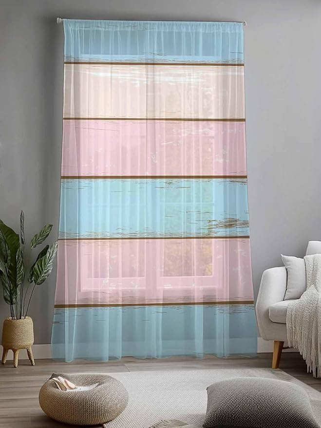 Sheer Curtains 108 Inches Long, Farmhouse Country Shabby Striped Privacy Voile