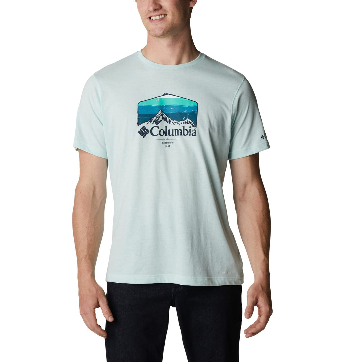 Columbia Men's Thistletown Hills Graphic Short Sleeve, ICY Morn Heather/Hikers Graphic, X-Small