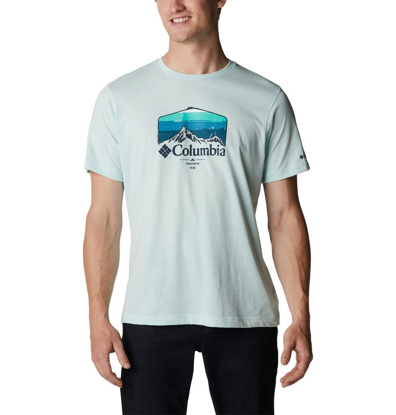 Columbia Men's Thistletown Hills Graphic Short Sleeve, ICY Morn Heather/Hikers Graphic, Large Tall